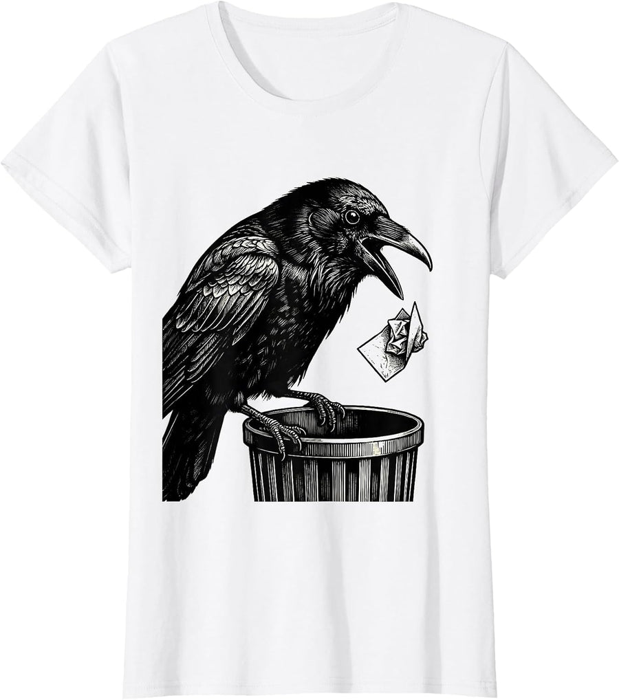 Women's Crow Dropping Pun Scratchboard Gothic Dark Humor T-Shirt - White
