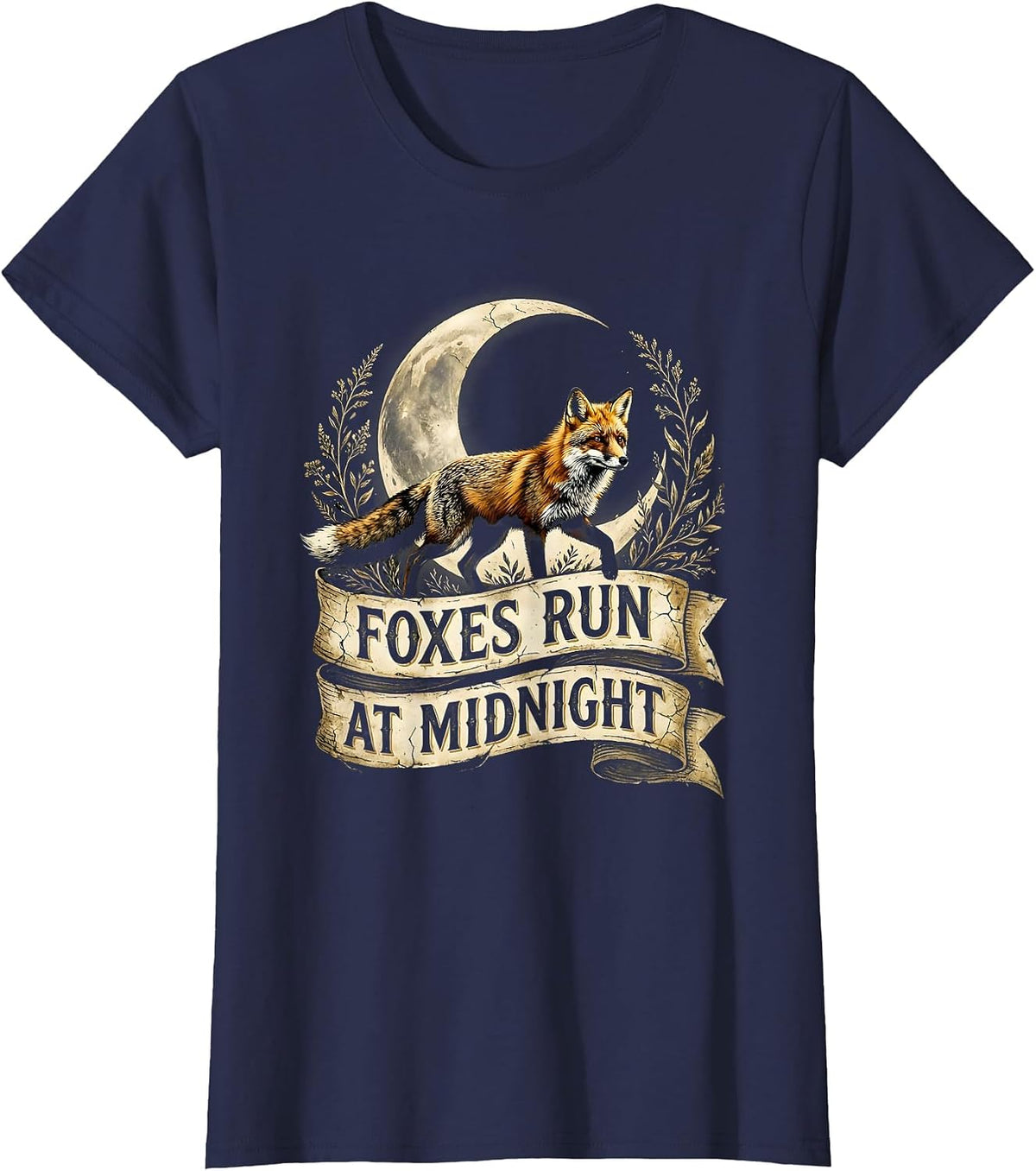 Women's Foxes Run At Midnight Mysterious Fox Design T-Shirt - Navy Blue