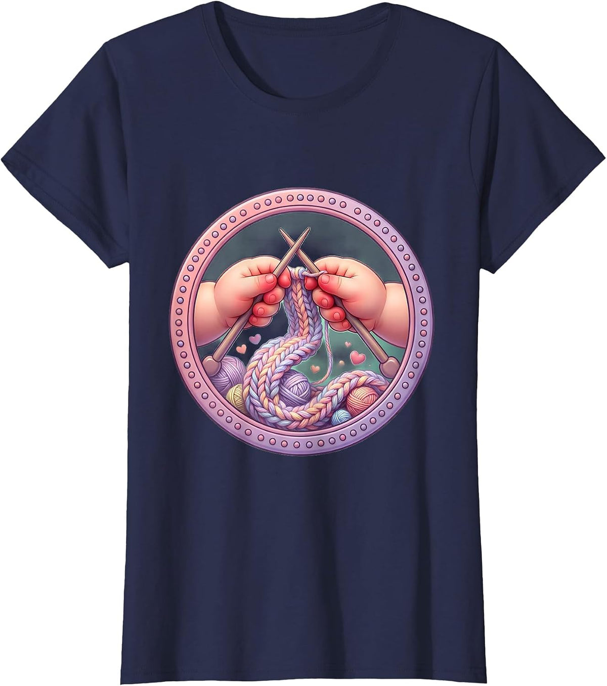 Women's Knitting Hands Kindness Cozy Scarf Illustration T-Shirt - Navy Blue