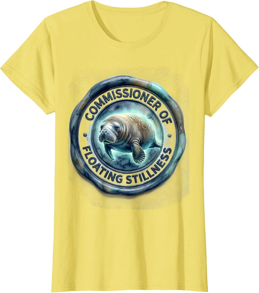 Women's Commissioner Of Floating Stillness Watercolor Manatee T-Shirt - Lemon Yellow