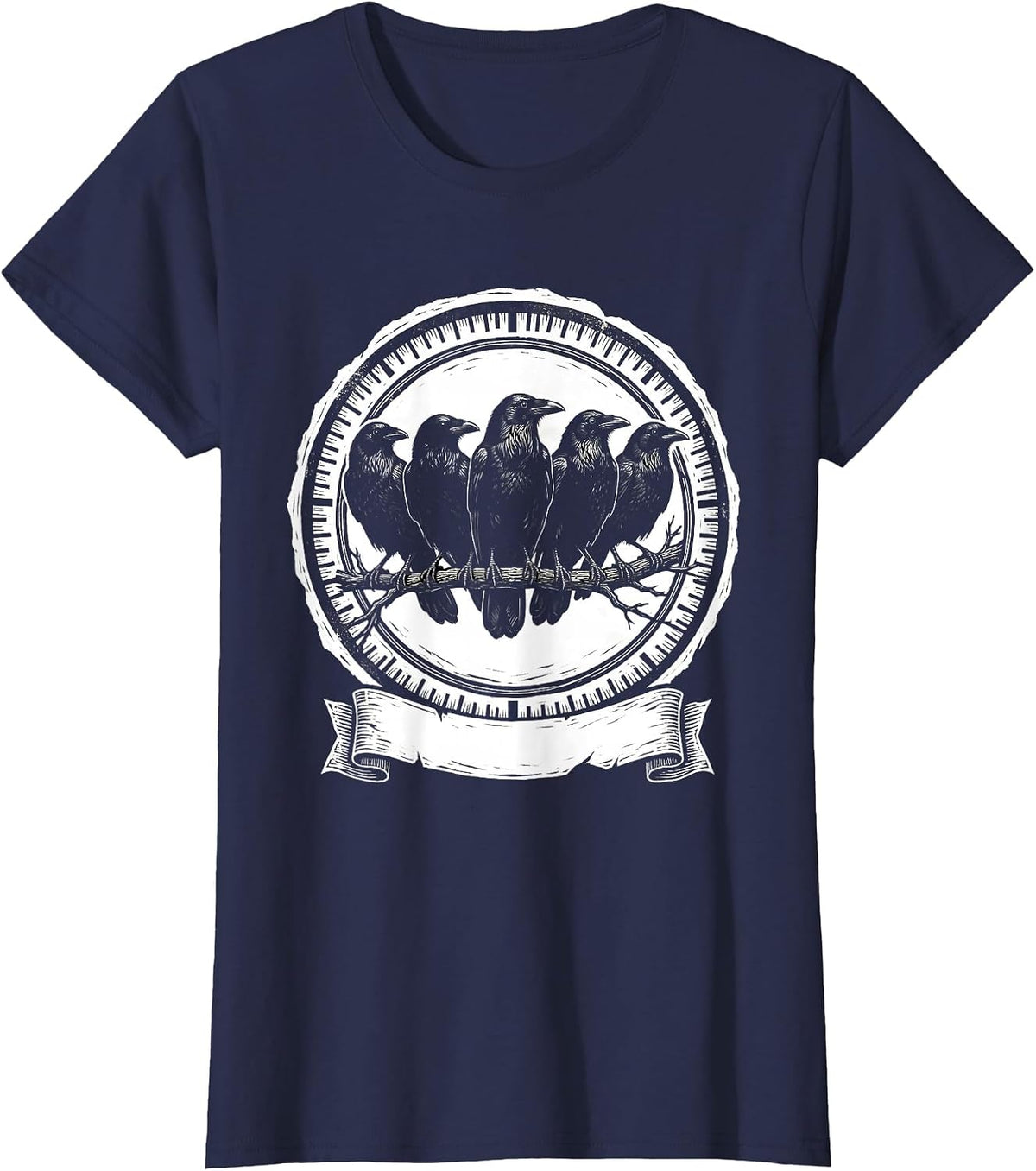 Women's Five Crow Silhouettes Dark Humor Gothic Nature T-Shirt - Navy Blue