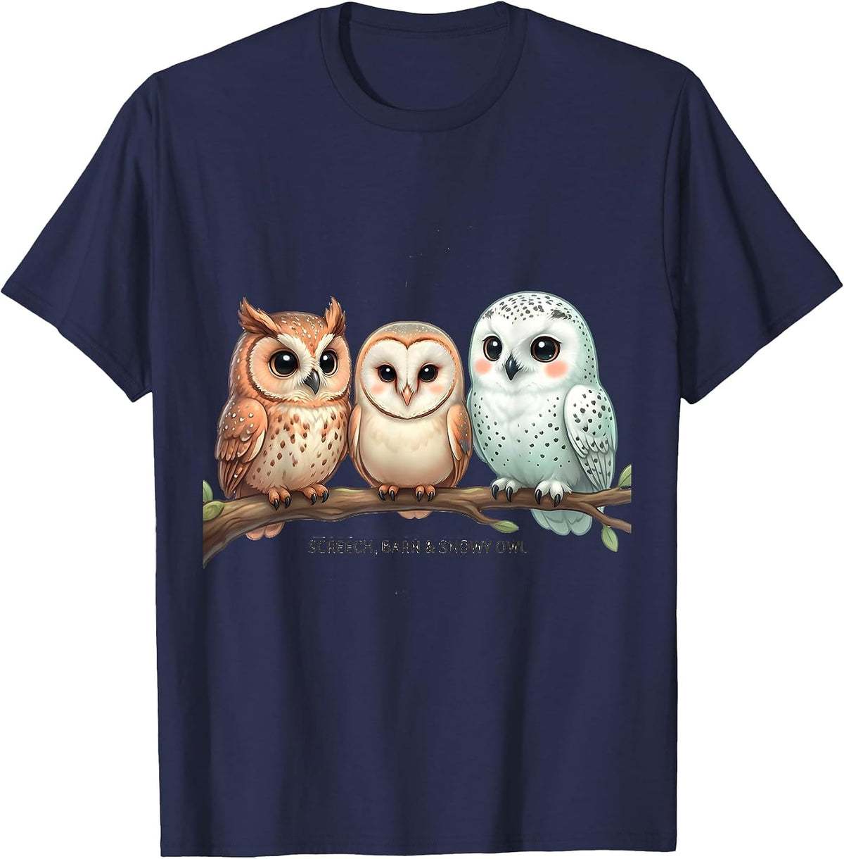 Screech, Barn & Snowy Owl Cute Kawaii Owl Lover Bird T-Shirt - Navy Blue