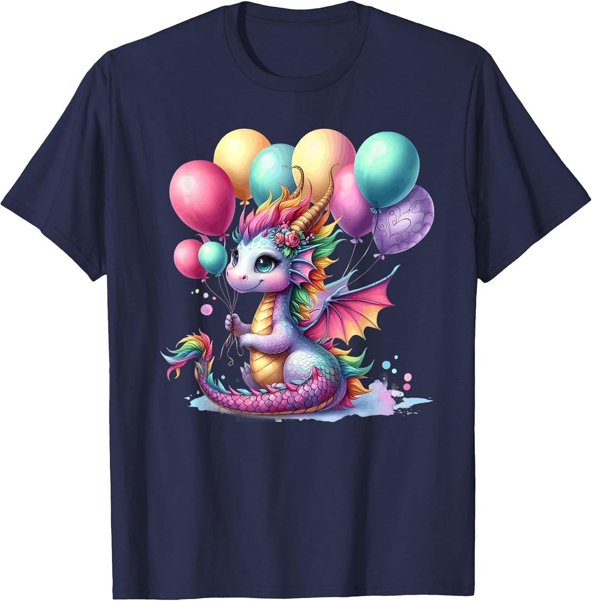 Happy Dragon Pastel Birthday Balloons Magical Party Theme T-Shirt - Navy Blue