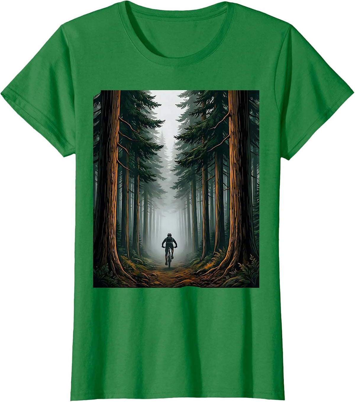 Mountain Biker Fading Into Misty Forest Graphic T-Shirt - Kelly Green
