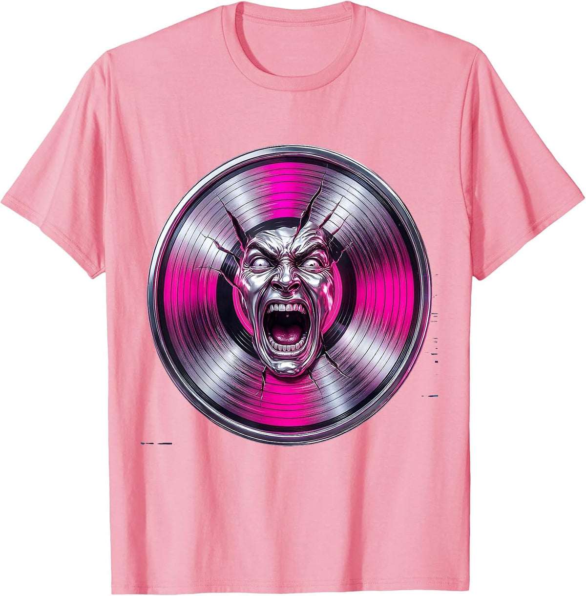 80s Rock Screaming Face Vinyl Record Groove Art T-Shirt - Pink