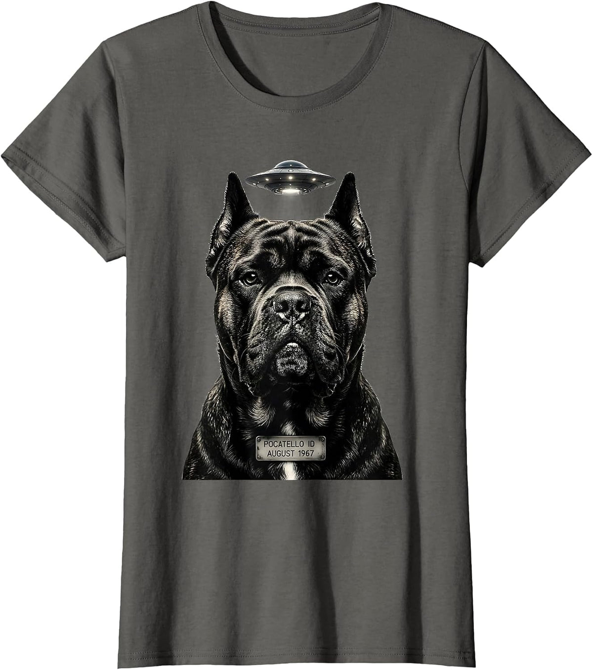 Women's Pocatello ID August 1967 Funny Cane Corso UFO Selfie T-Shirt - Asphalt Grey