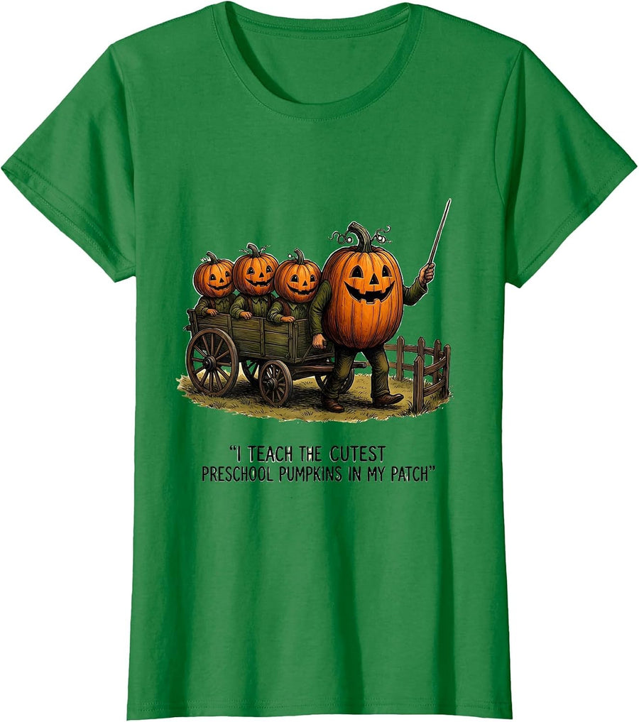 Women's I Teach The Cutest Preschool Pumpkins In My Patch Teacher T-Shirt - Kelly Green