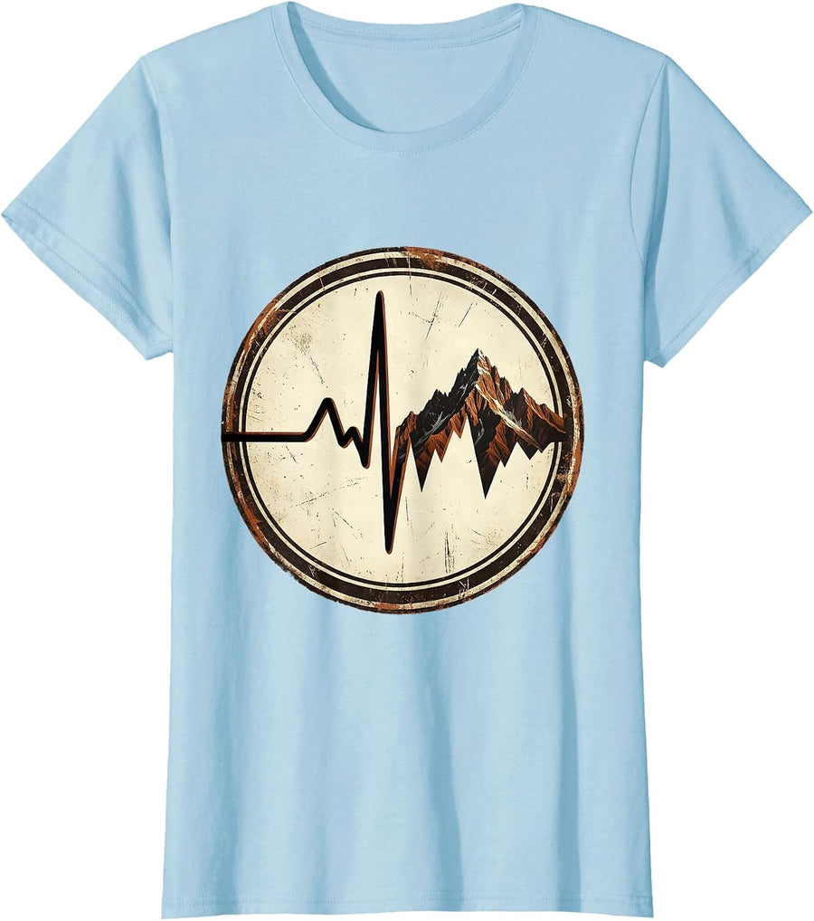 Women's EMT Heartbeat Mountain Range Graphic T-Shirt - Baby Blue