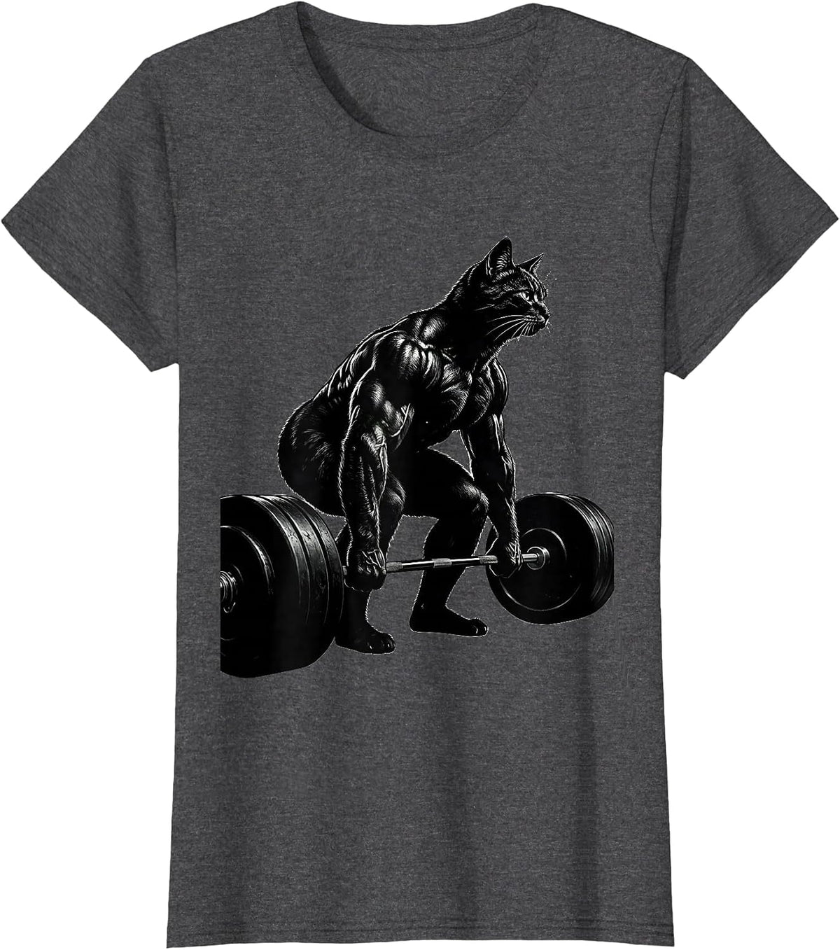 Women's Cat Deadlift Barbell Weightlifting Graphic T-Shirt - Dark Heather Grey