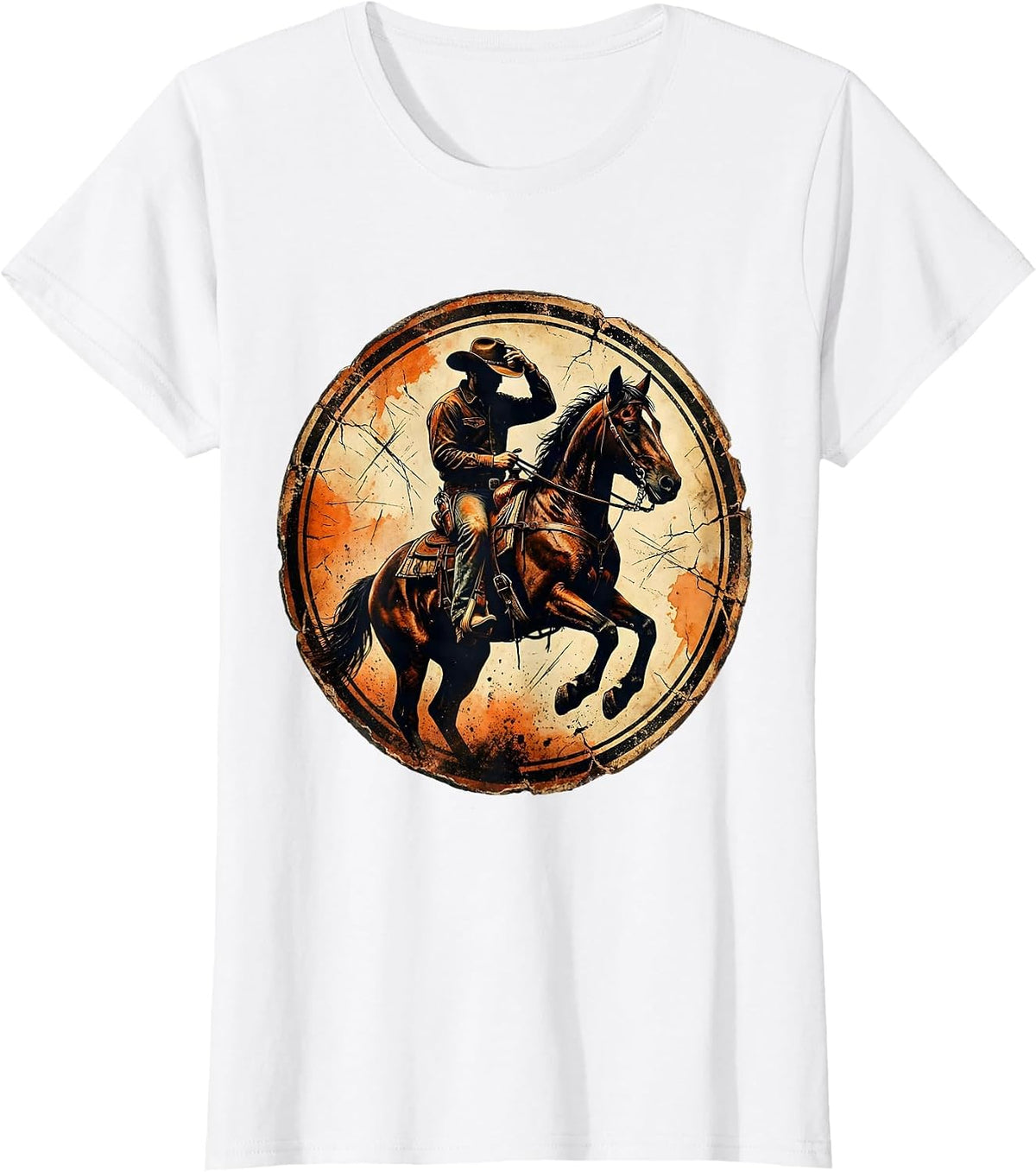 Young Cowboy Tipping Hat on Horseback Illustration T-Shirt - White