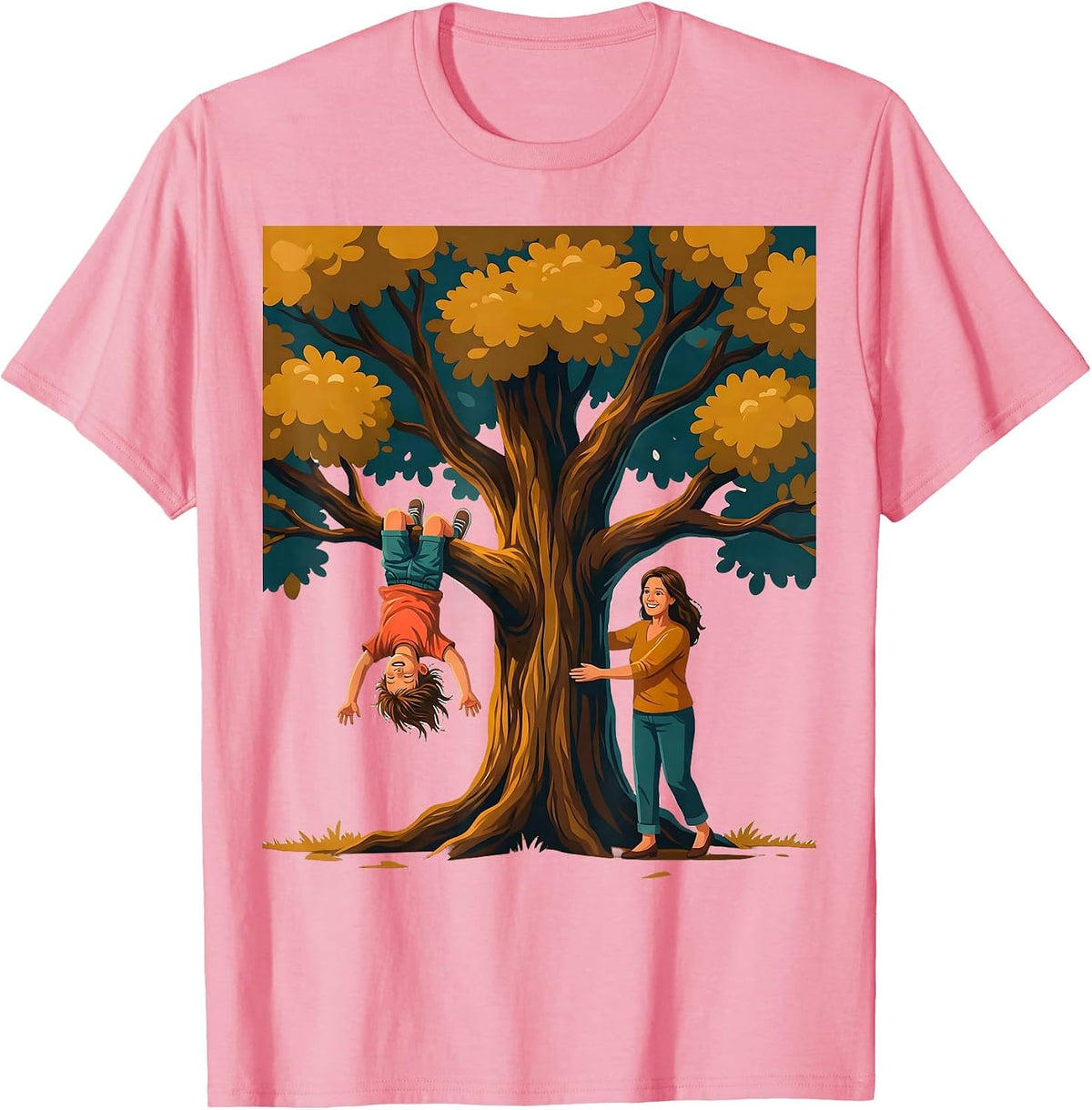 Men's Boy Mom Upside Down Tree Climbing Illustration T-Shirt - Pink