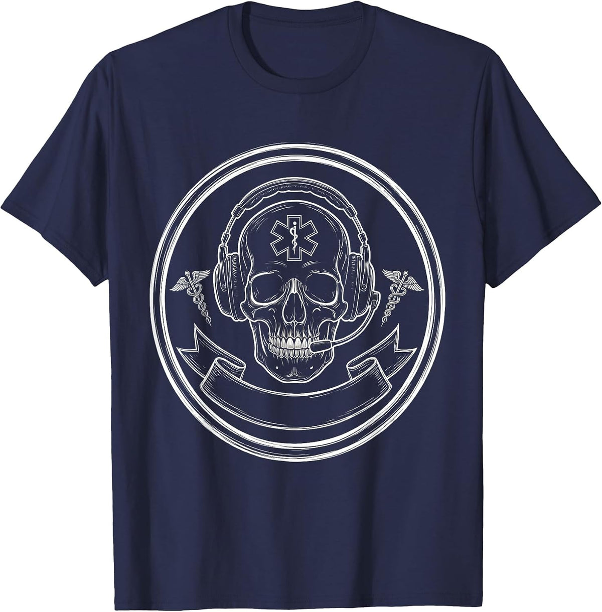Men's EMT Skull Badge and Headset Graphic Design T-Shirt - Navy Blue