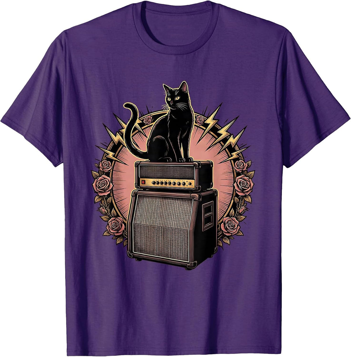 Black Cat Silhouette on Amp Stack Rock Art T-Shirt - Purple