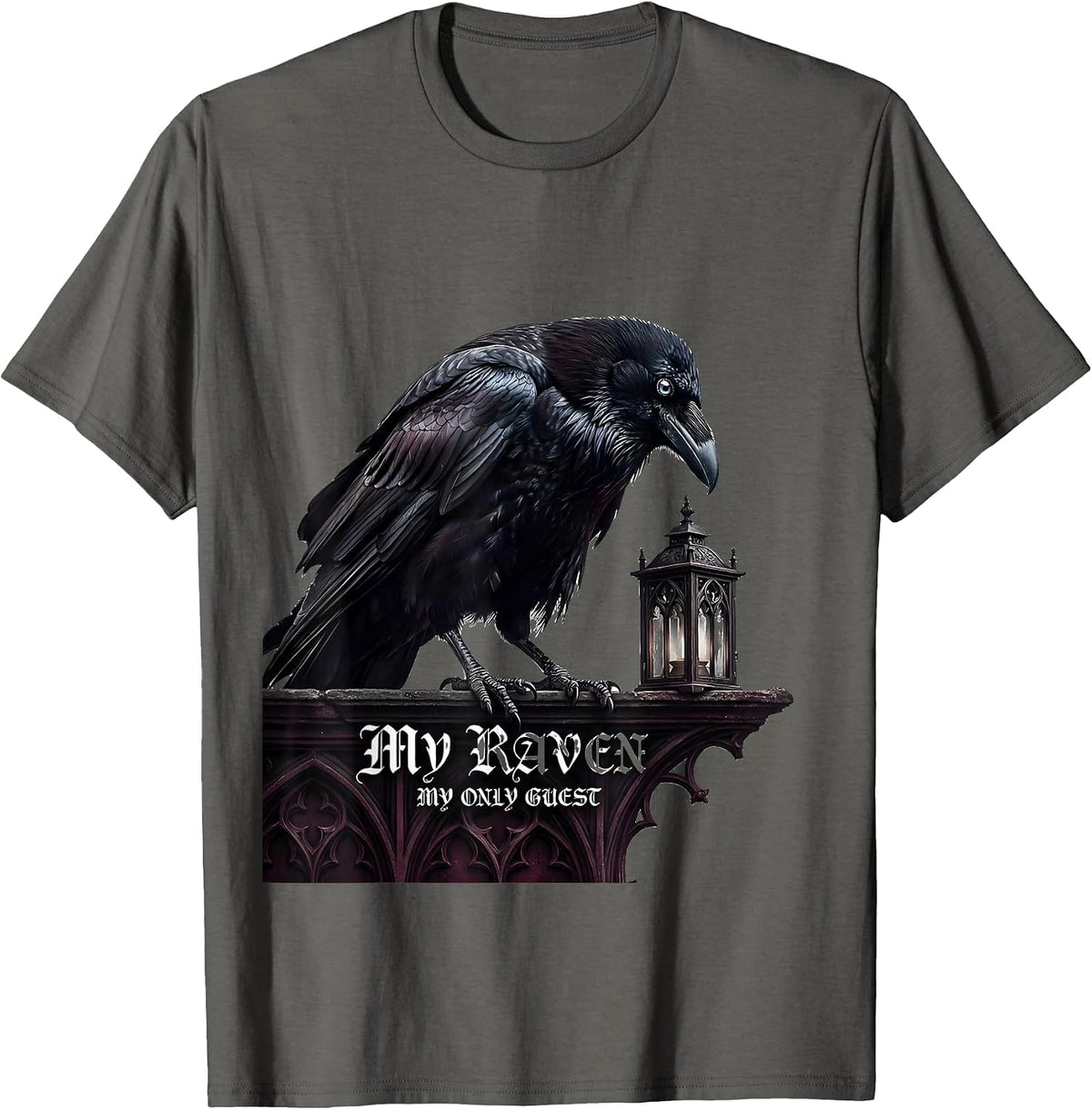 Men's My Raven My Only Guest Gothic Dark Humor Crow Lover T-Shirt - Asphalt Grey