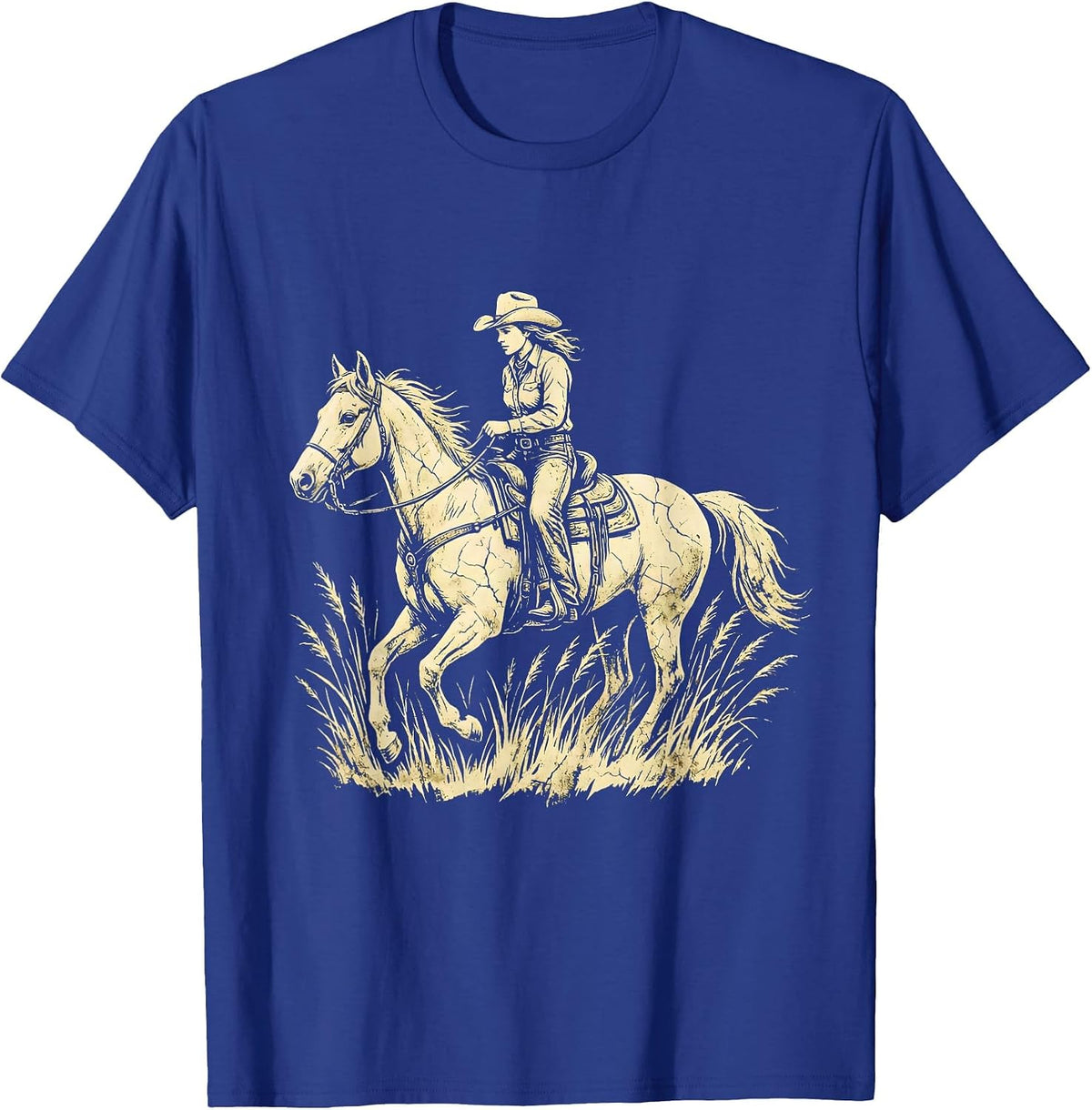 Cowgirl on Horseback Through Golden Grass T-Shirt - Royal Blue