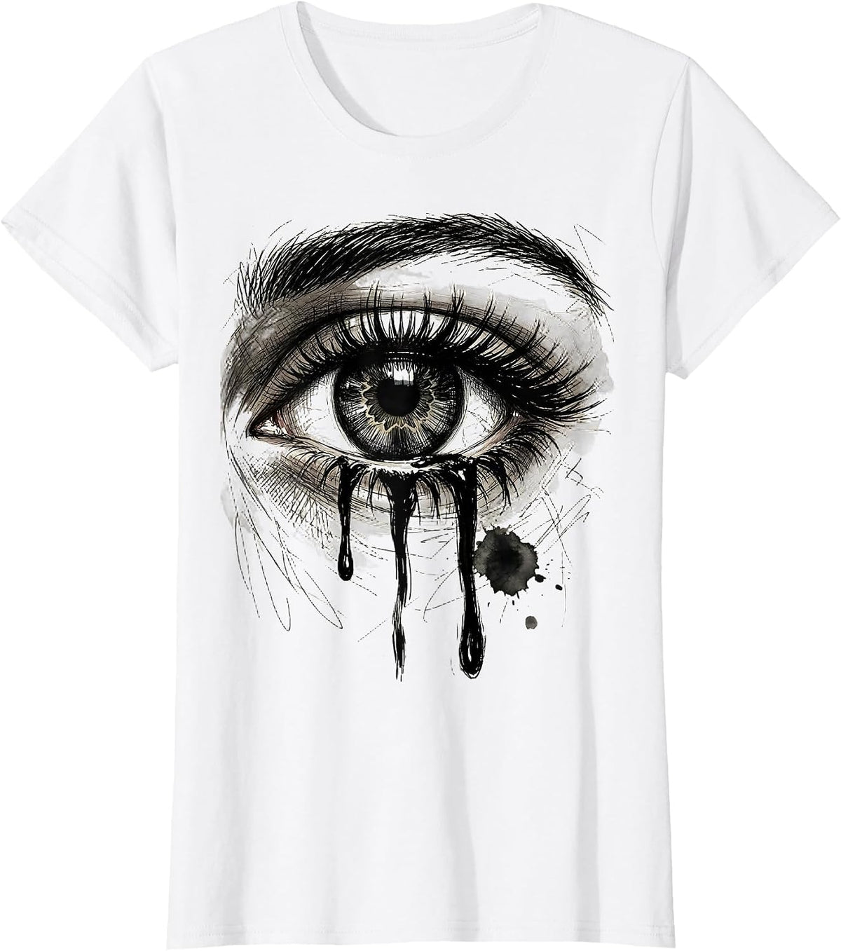 Crying Eye Dripping Mascara Emo Graphic Tee T-Shirt - White