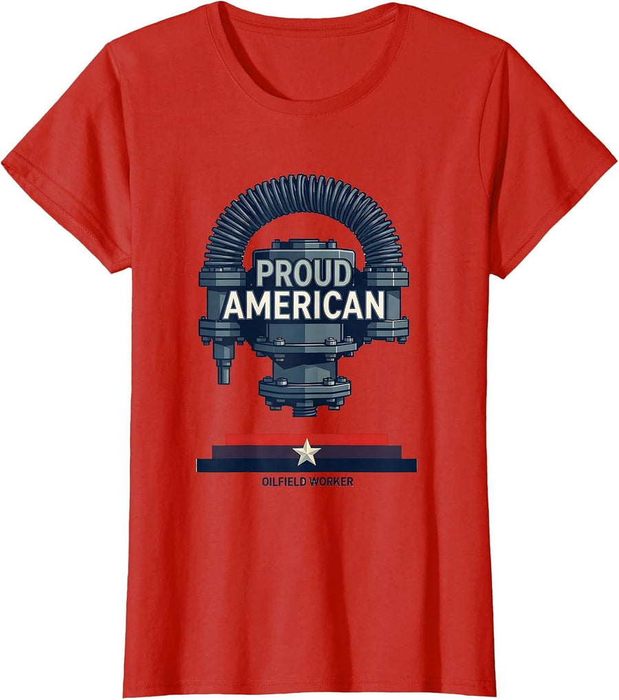Women's Proud American Oilfield Worker Flat Vector Patriotic T-Shirt - Red