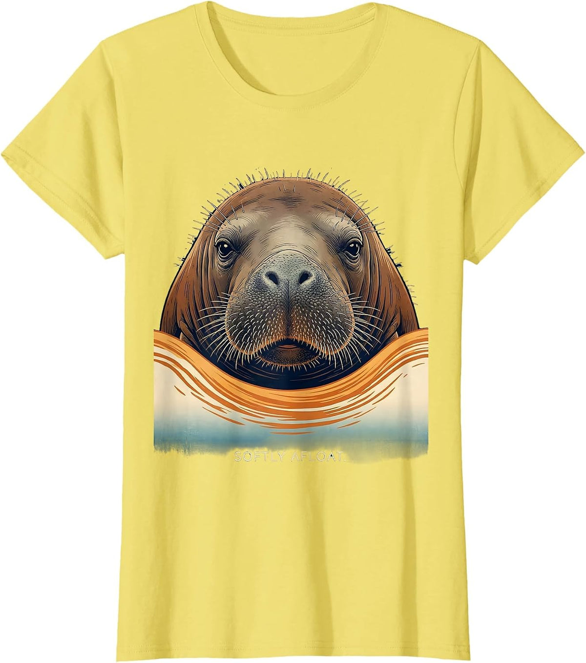 Women's Softly Afloat Ukiyo-e Manatee Lover Floaty Potato Humor T-Shirt - Lemon Yellow