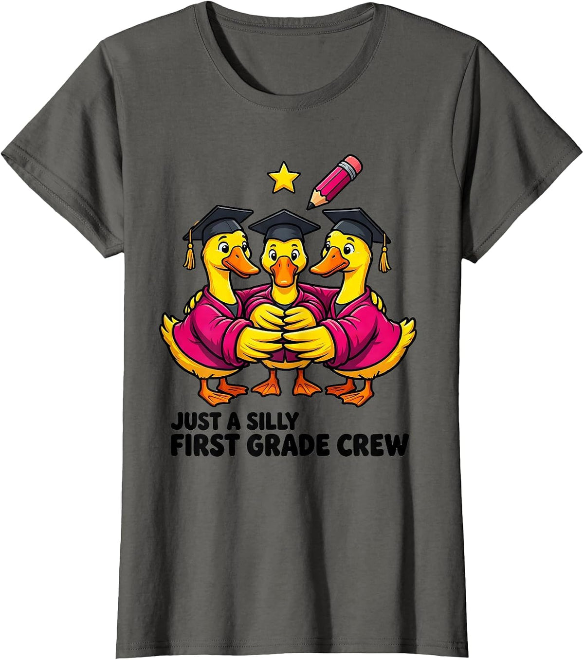 Women's Just A Silly First Grade Crew Funny First Grade Teacher Back T-Shirt - Asphalt Grey