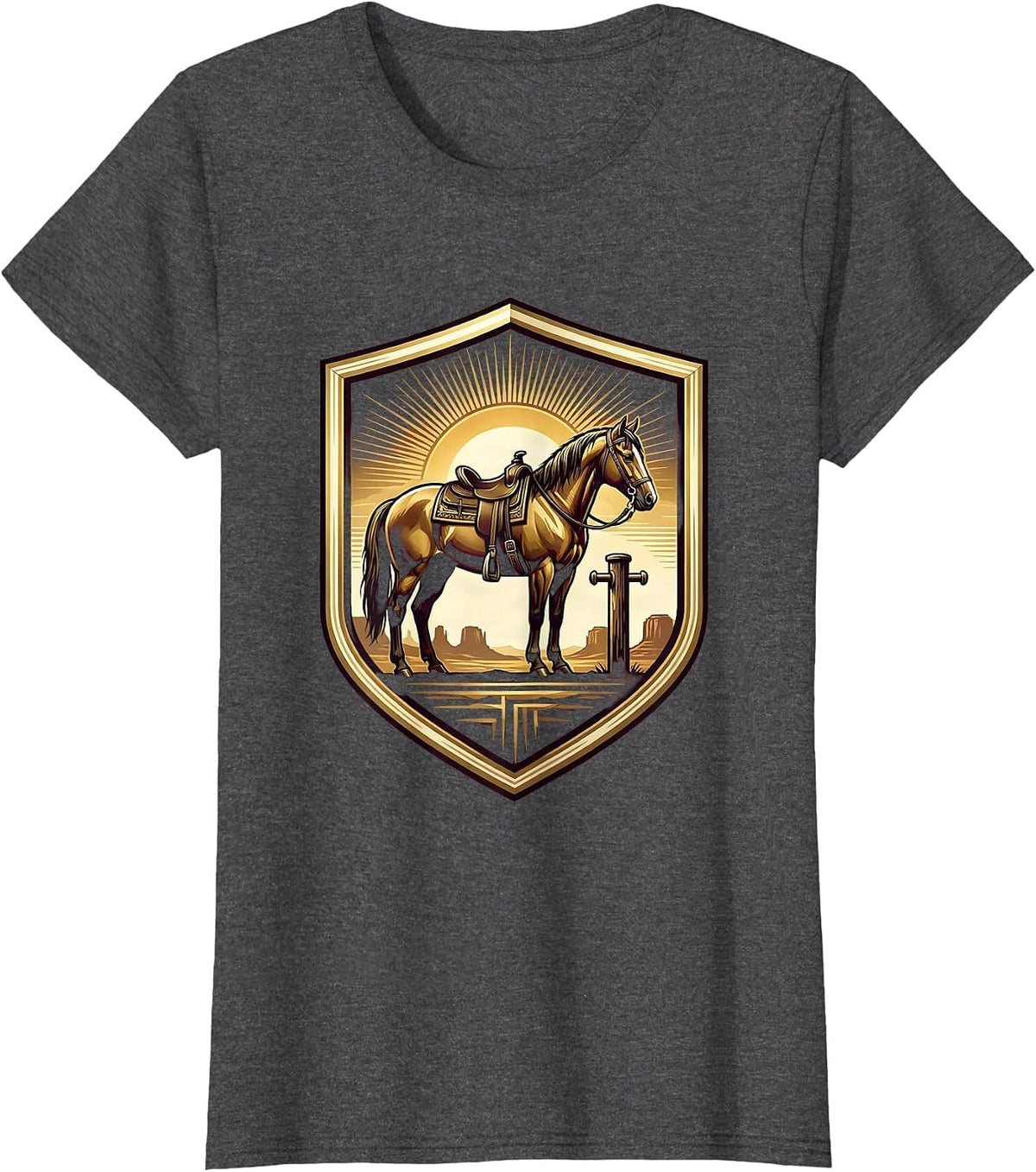 Women's Black Cowboy Saddled Horse Desert Saloon Dusk T-Shirt - Dark Heather Grey