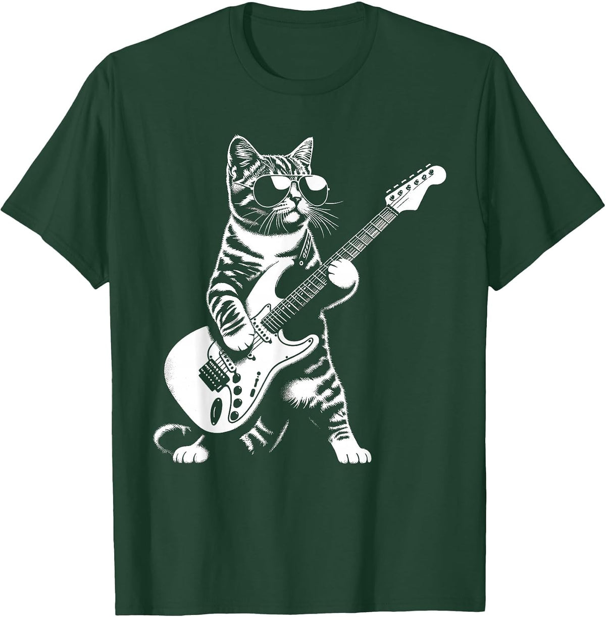 Guitar Cat Novelty Rock Music Band Concert Funny Cat T-Shirt - Dark Green