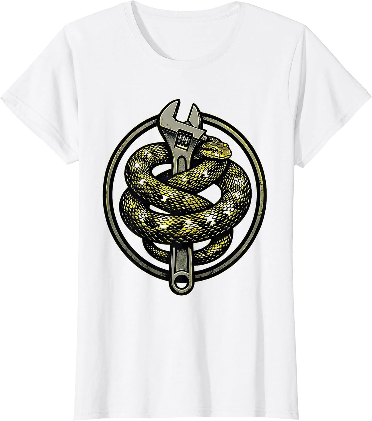 Snake Coiled Around Torque Wrench Graphic T-Shirt - White