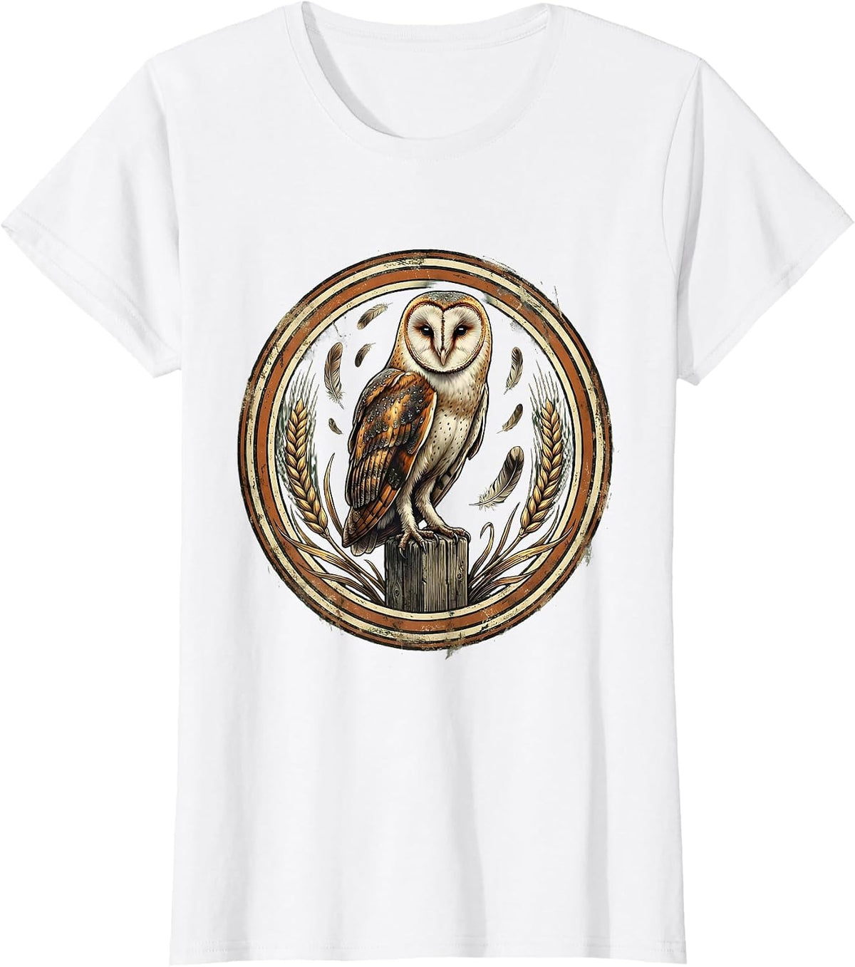 Barn Owl Perched on Fence Post Illustration T-Shirt - White