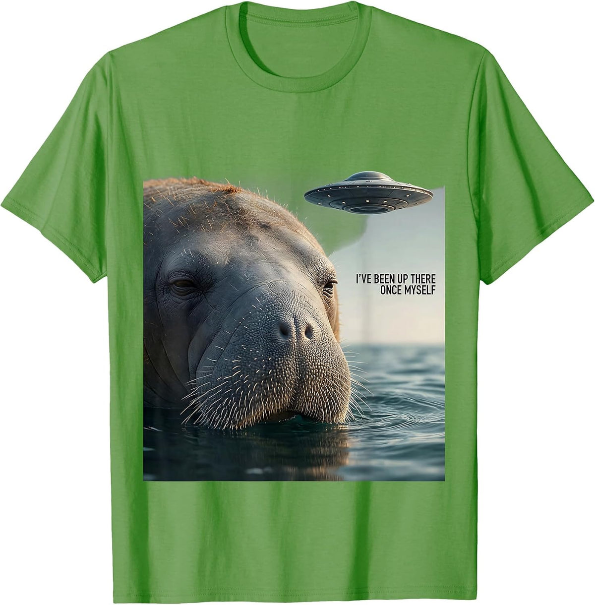 Men's I've Been Up There Once Myself Manatee UFO Alien Selfie T-Shirt - Grass Green