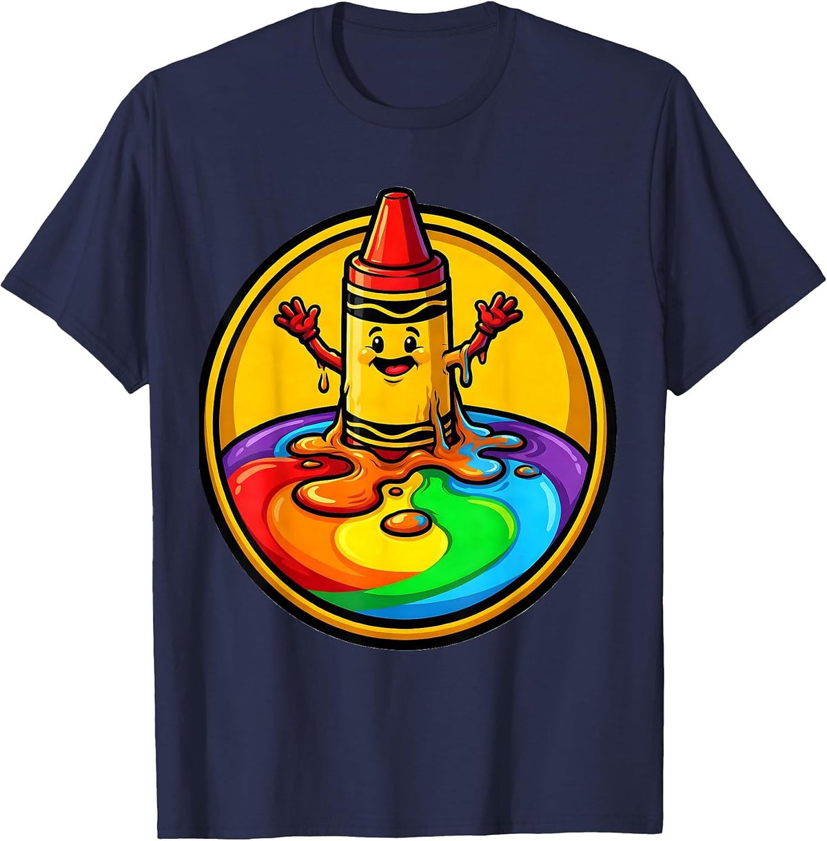 Men's Third Grade Teacher Melting Crayon Rainbow Art T-Shirt - Navy Blue