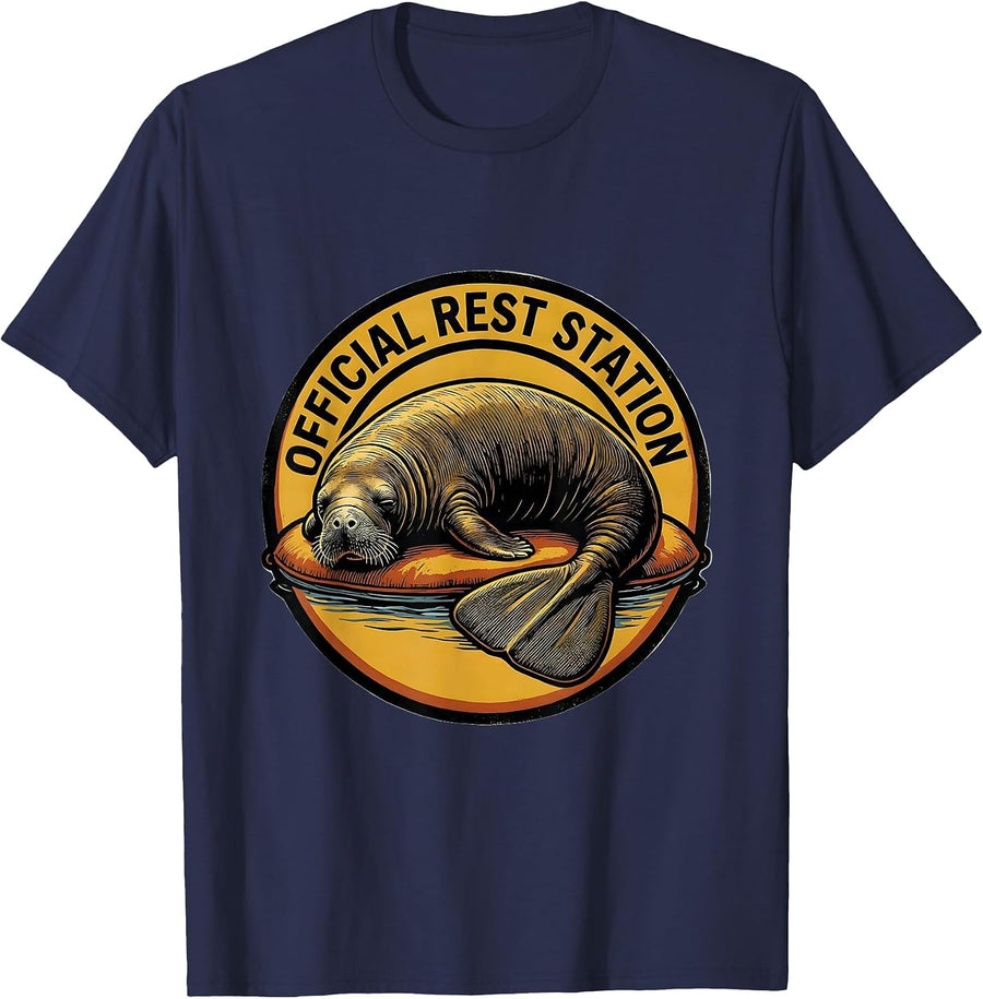 Official Rest Station Funny Manatee Sea Cow Wildlife Humor T-Shirt - Navy Blue