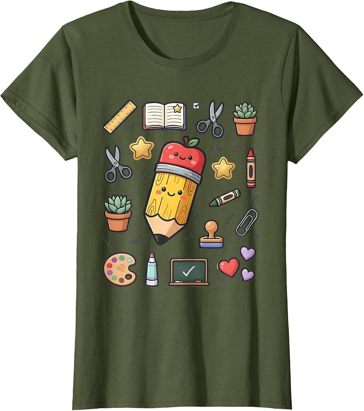 Women's First Grade Teacher Pencil Apple Eraser Graphic T-Shirt - Olive Green