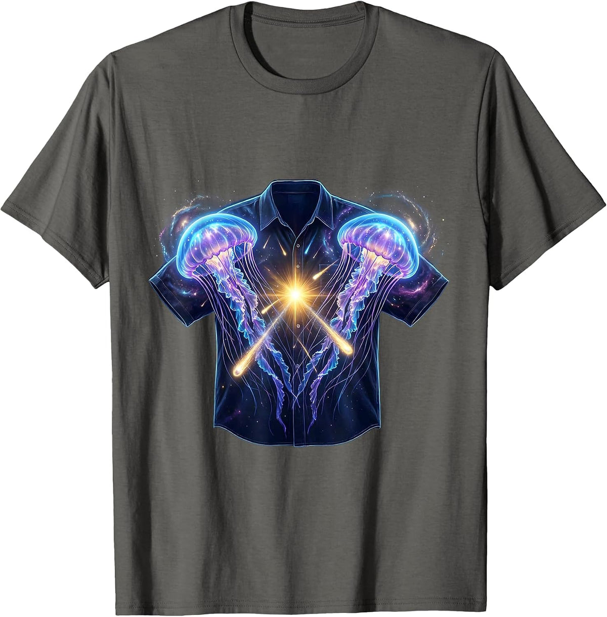 Men's Celestial Jellyfish Cosmic Matching Halloween Couple T-Shirt - Asphalt Grey