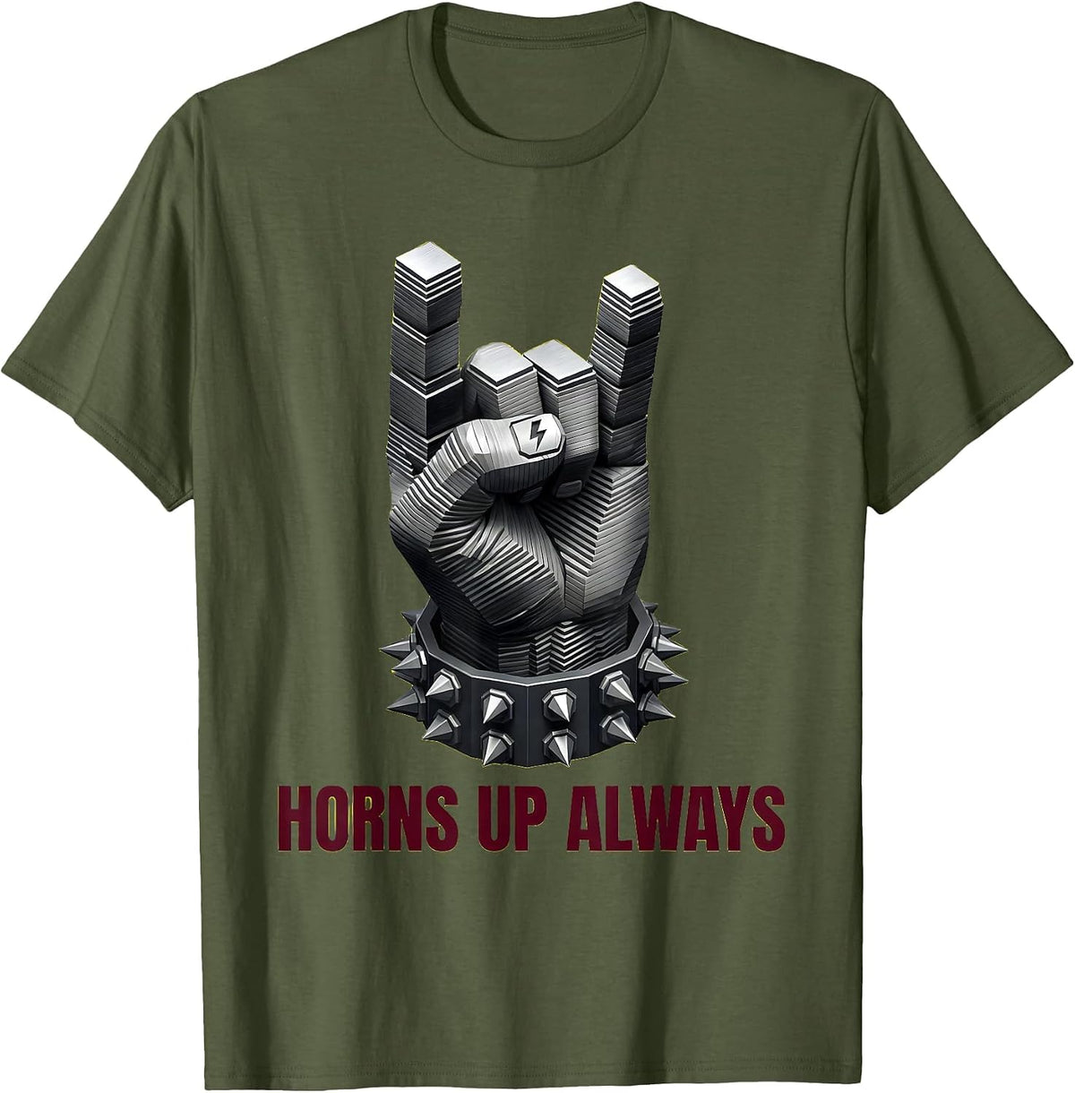 Horns Up Always Heavy Metal Graphic Design T-Shirt - Olive Green