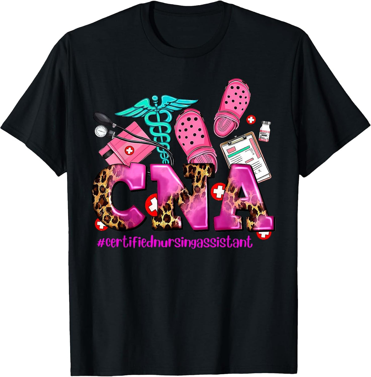 CNA Certified Nursing Assistant Leopard Registered Nurse T-Shirt - Black
