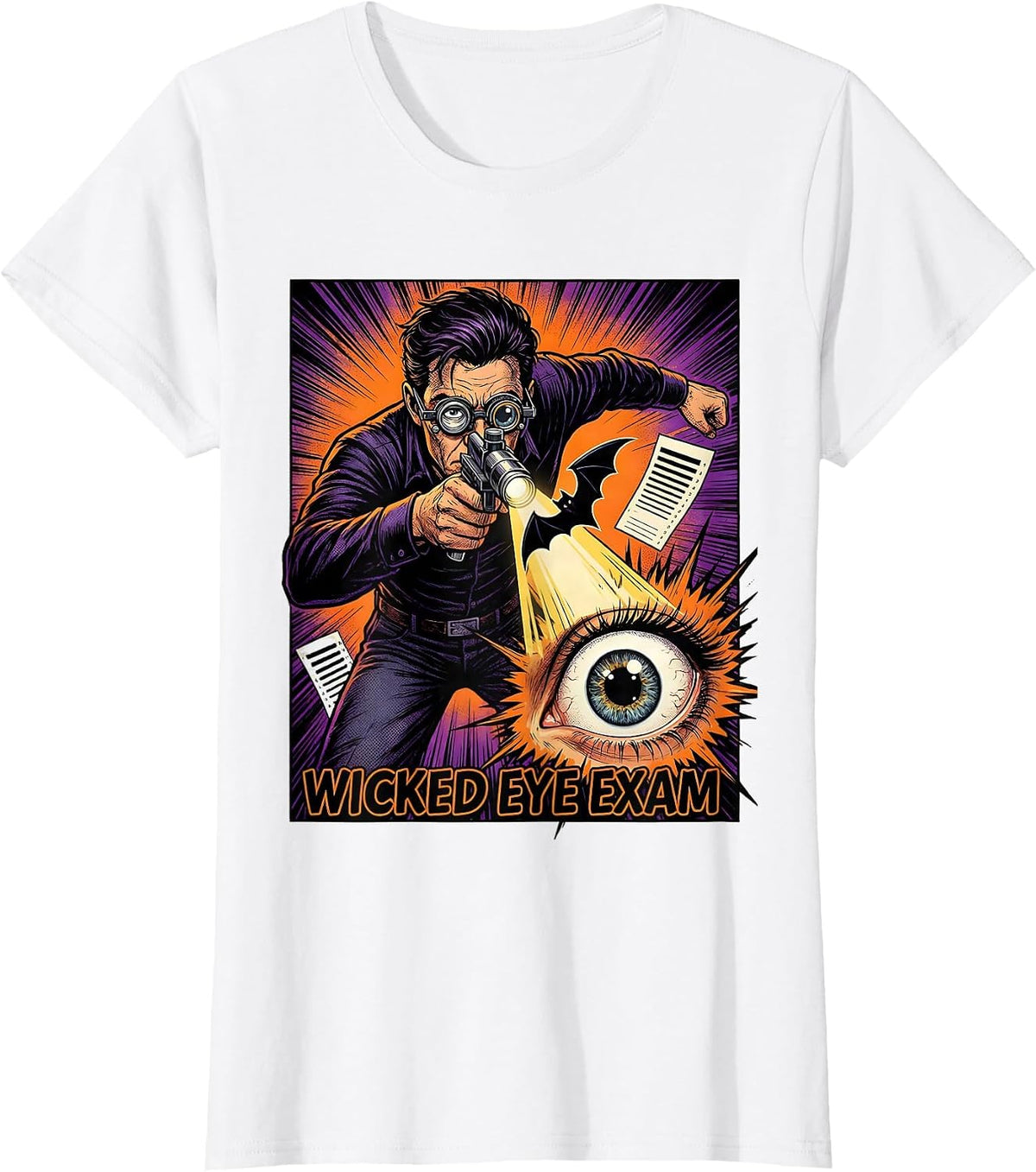 Women's Wicked Eye Exam Comic Book Optometrist Halloween Humor T-Shirt - White