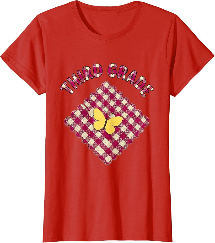 Women's Third Grade Gingham Picnic Cute Back To School Girl Teacher T-Shirt - Red