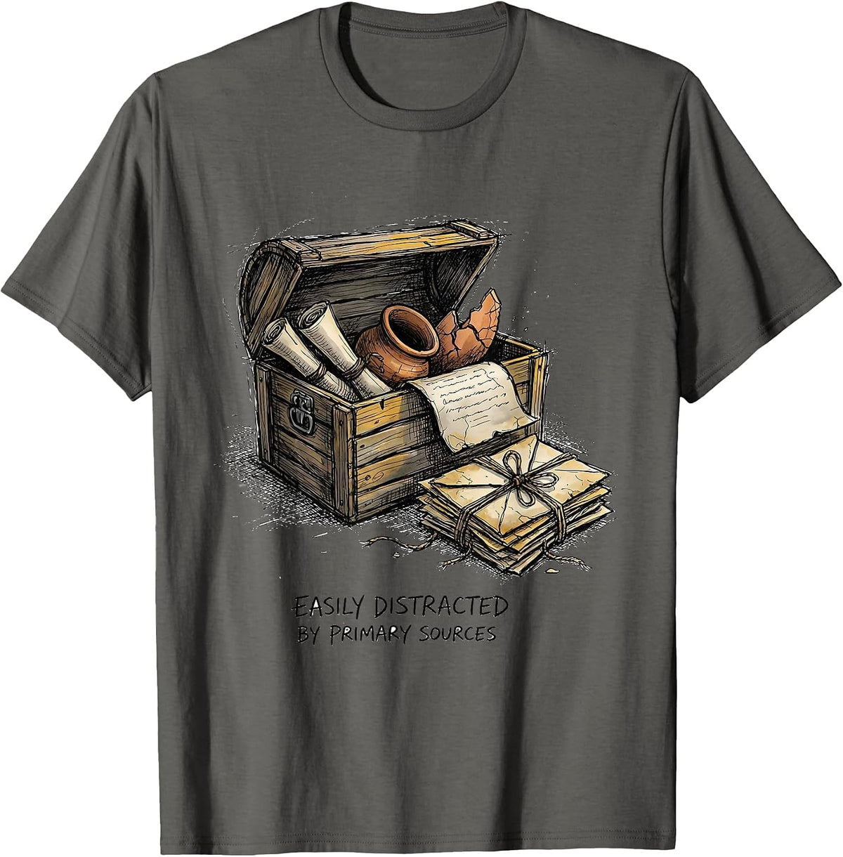 Men's Easily Distracted By Primary Sources Funny History Teacher T-Shirt - Asphalt Grey