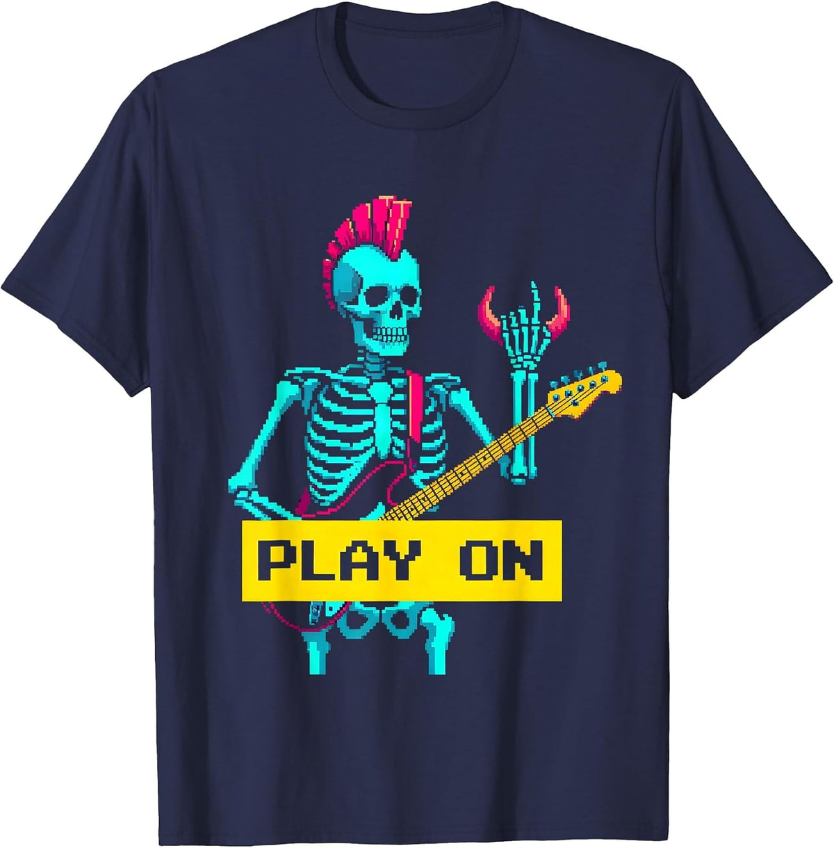 Play On Pixel Art Punk Rock Skeleton Skull Halloween Music T-Shirt - Navy Blue