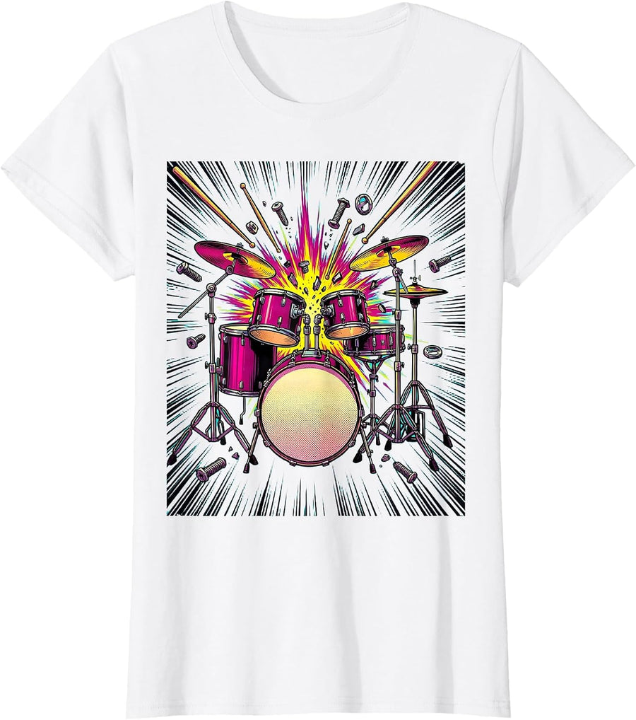 Women's Exploding Drum Kit Band Graphic T-Shirt - White