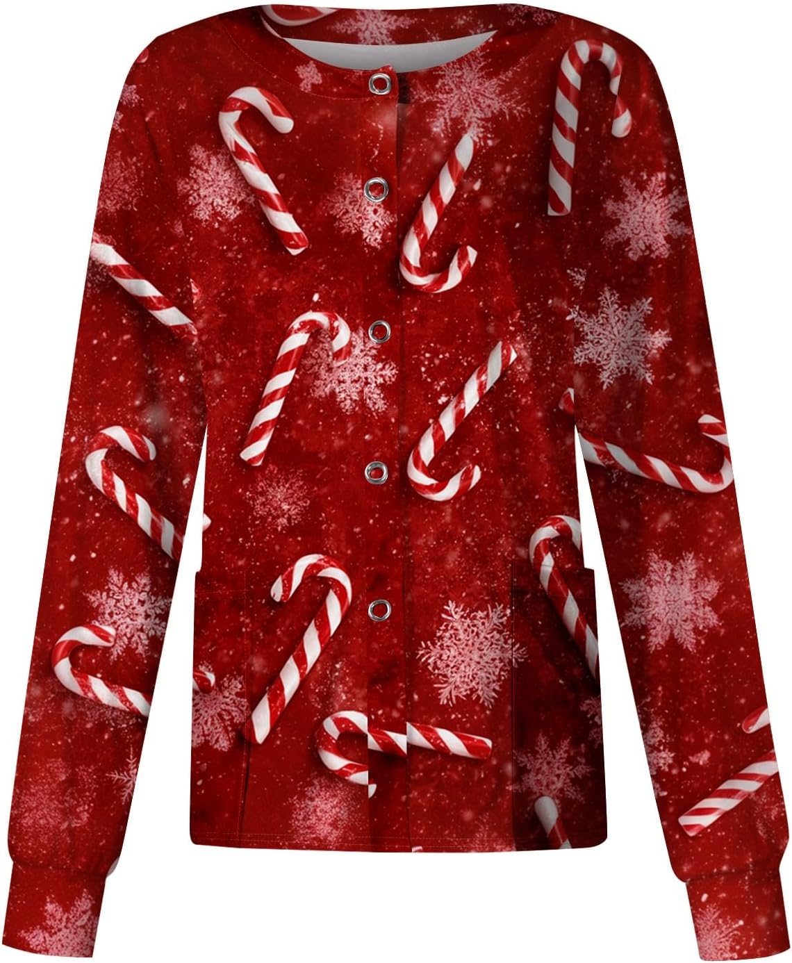 Scrubs for Women Christmas Scrub Jacket Long Sleeve Snap Front Work Uniform - 26ch03-red