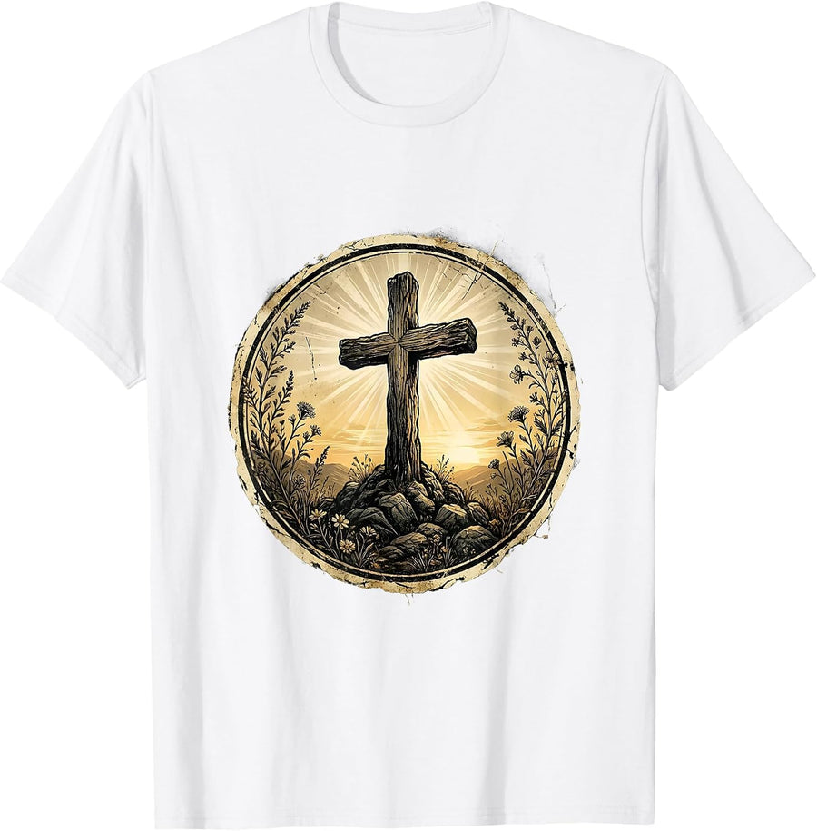Men's Cross on Rocky Hillside at Dusk Faith Design T-Shirt - White