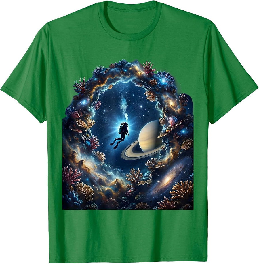 Men's Scuba Diver Coral Archway Ocean Dive Illustration T-Shirt - Kelly Green