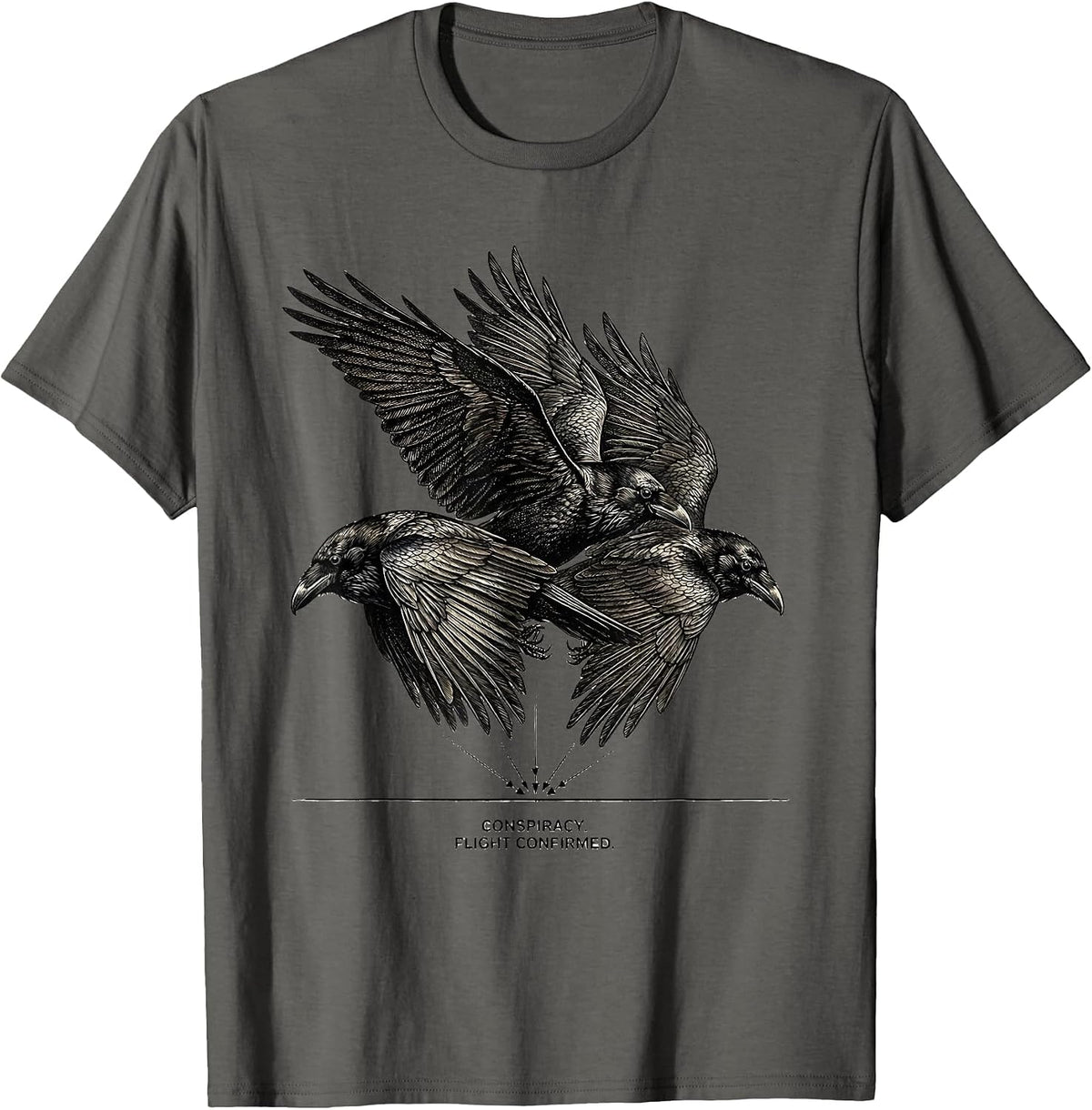 Conspiracy Flight Confirmed Dark Humor Crow Lover Raven T-Shirt - Asphalt Grey