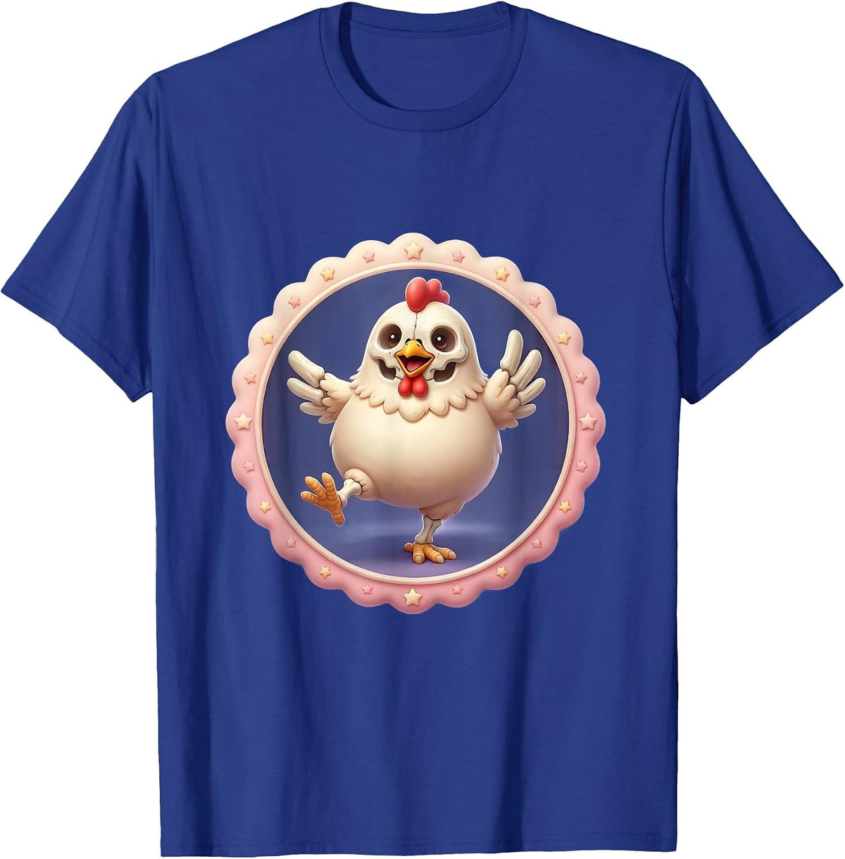 Skeleton Chicken Strutting on Stage Graphic T-Shirt - Royal Blue
