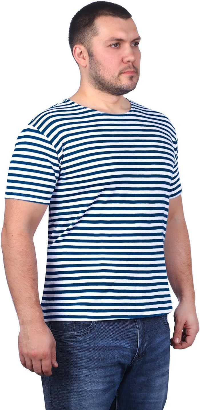 Genuine Men's Striped Short Sleeved T-Shirt Top 100% Cotton Dark Blue Sailor Shirt Original Telnyashka Тельняшка - Dark Blue