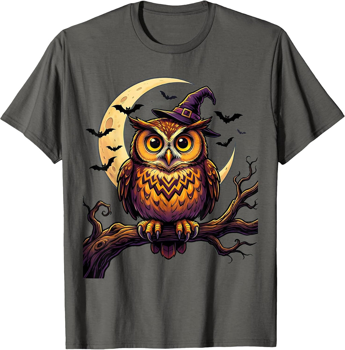 Witch Hat Owl at Dusk Halloween Design T-Shirt - Asphalt Grey