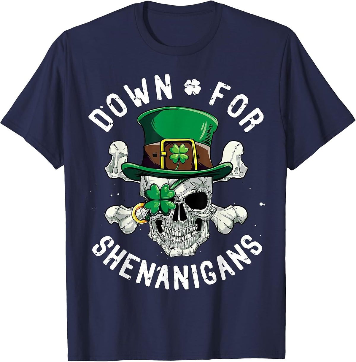 Pirate Skull St Patricks Day Leprechaun Down for Shenanigans T-Shirt - Navy Blue