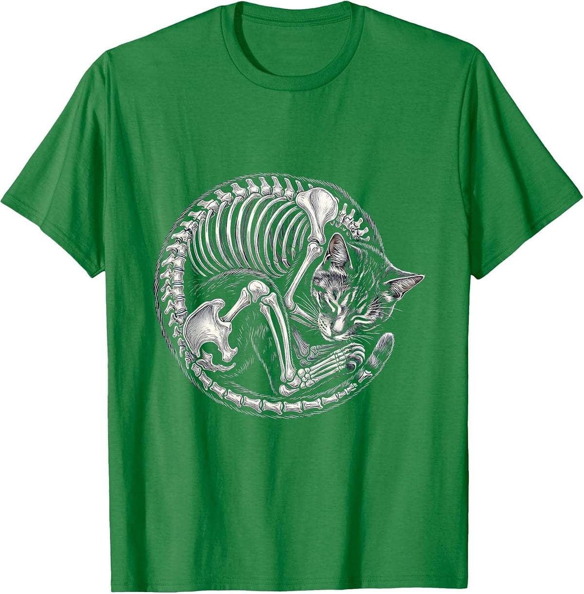 Men's Cat Skeleton Curled Sleeping Radiology X-Ray Art T-Shirt - Kelly Green