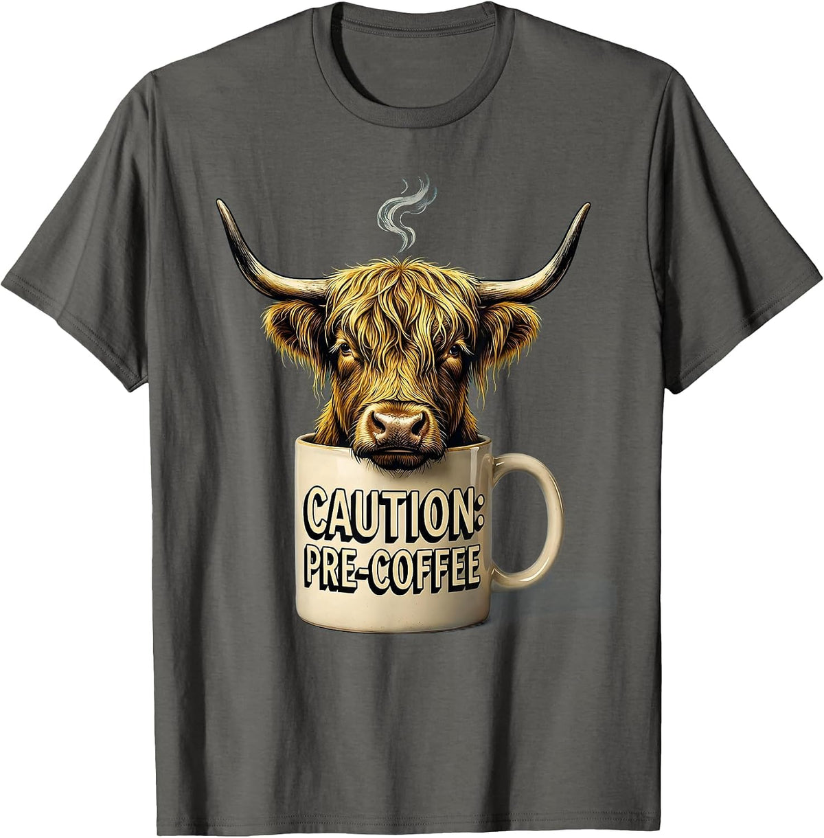 Men's Caution Pre-Coffee Funny Highland Cow Novelty Coffee Lover T-Shirt - Asphalt Grey