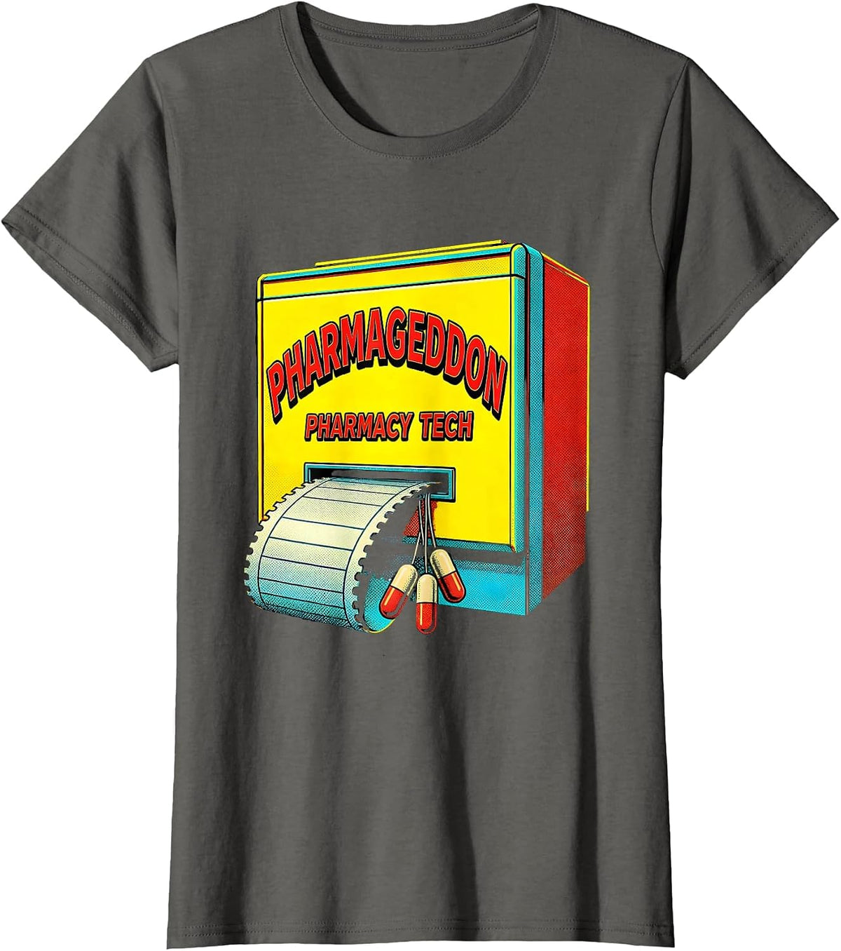Women's Pharmageddon Pharmacy Tech Pop Art Pharmacy Technician Pun T-Shirt - Asphalt Grey
